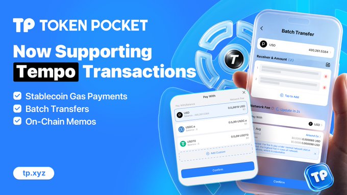 A promotional graphic for Token Pocket announcing "Now Supporting Tempo Transactions" with features like stablecoin gas payments, batch transfers, and on-chain memos.