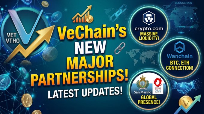 A crypto promotional graphic titled 'VeChain's NEW MAJOR PARTNERSHIPS! LATEST UPDATES!' highlighting VET/VTHO, partnerships with crypto.com (MASSIVE LIQUIDITY!), Wanchain (BTC, ETH CONNECTION!), and San Marino (GLOBAL PRESENCE!).