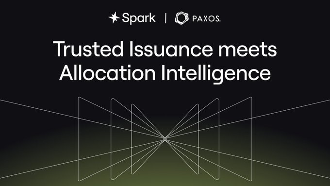 The image is a dark promotional graphic featuring the Spark and Paxos logos at the top, with the headline "Trusted Issuance meets Allocation Intelligence." Below the text is a geometric line illustration depicting converging rectangular shapes that form a vanishing-point perspective, symbolizing the convergence of stablecoin issuance and allocation infrastructure as referenced in the accompanying post about stablecoin adoption entering a new growth phase.