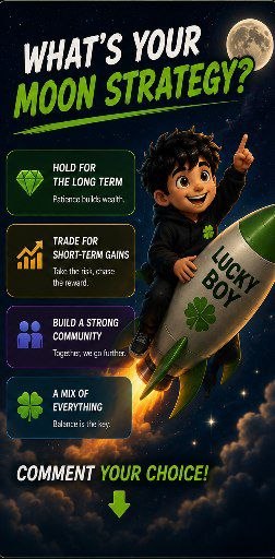 A 'What's your moon strategy?' meme infographic with a cartoon boy on a rocket labeled 'Lucky Boy' and four strategy options including holding and trading.