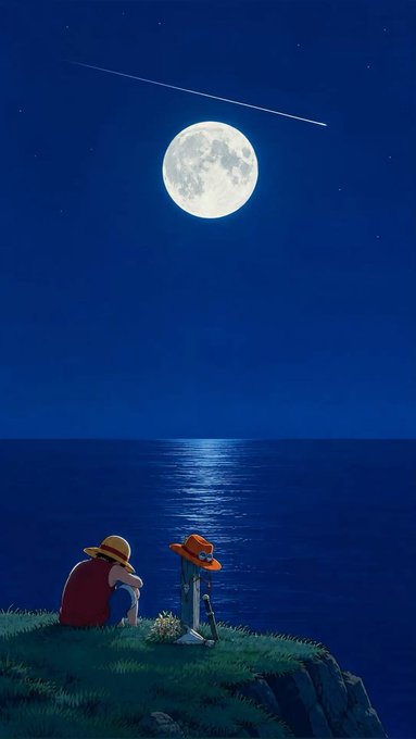 A digital illustration shows two characters, one with a straw hat, sitting on a cliff overlooking the ocean at night beneath a full moon and shooting star.