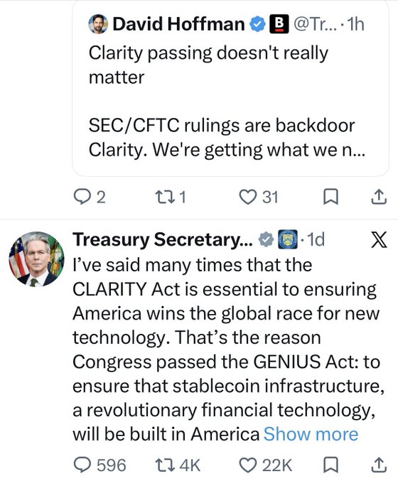 A tweet from David Hoffman (@Tr...) with 31 likes argues "Clarity passing doesn't really matter" and that "SEC/CFTC rulings are backdoor Clarity," quoting Treasury Secretary Scott Bessent's post (22K likes, 1 day old) emphasizing the importance of the CLARITY Act and stablecoin legislation—aligning with the "Algo undefeated" theme by highlighting how regulatory clarity is arriving via agency rulings rather than legislation.