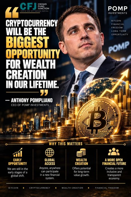 A promotional graphic featuring Anthony Pompiano, CEO of Pomp Investments, with a quote about cryptocurrency being the biggest opportunity for wealth creation, alongside Bitcoin imagery.