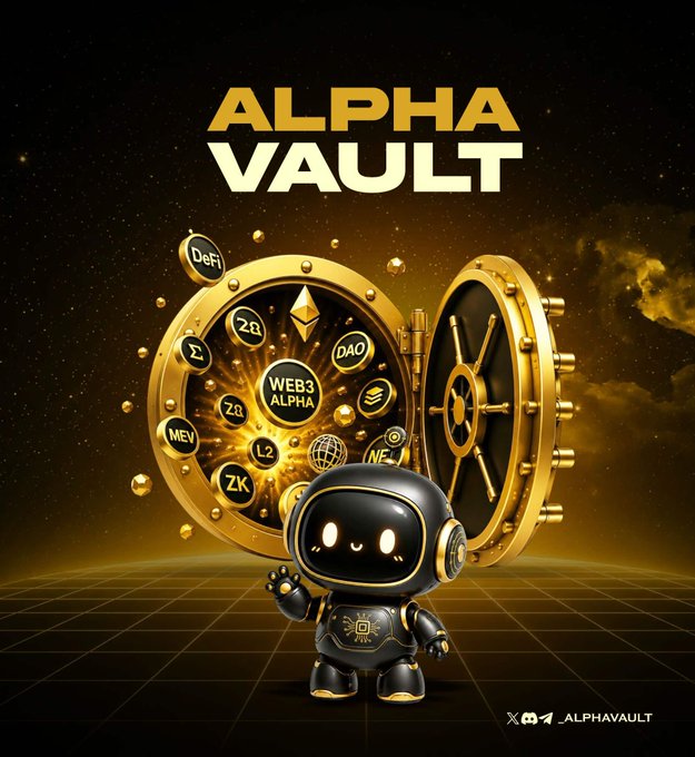 A promotional graphic titled 'ALPHA VAULT' features a cute black and gold robot character standing in front of a large open golden vault filled with Web3 and crypto-themed icons like DeFi, DAO, and ZK.