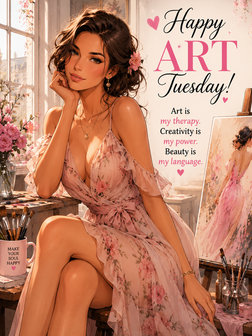 The image features a woman sitting at an easel with her legs crossed while wearing a beautiful pink floral dress. The background of the image shows various art supplies such as paintbrushes and paint palettes, suggesting that she might be an artist or involved in some form of creative work. The post is titled "Happy ART DAY! People say Tuesday is for collecting on Tezos. I say every single day is. Because art doesn'... (the rest of the image has been cut off)".