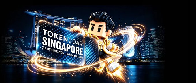 A promotional graphic for "TOKEN 2049 SINGAPORE" dated 7-8 October 2026 at Marina Bay Sands, featuring a Lego-style character holding a badge against a city skyline backdrop.