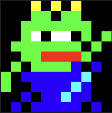 Pixel art of a green alien-like figure wearing a yellow crown and blue outfit, smiling widely with a red tongue.