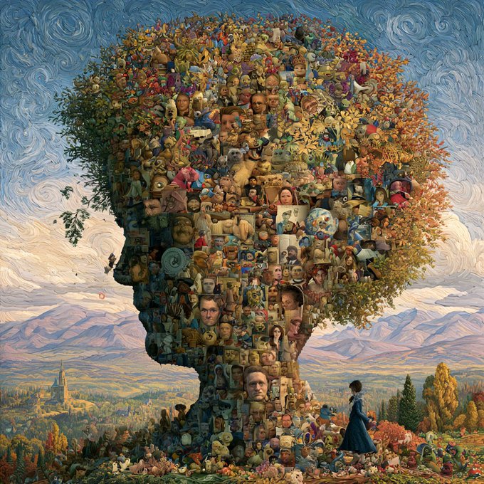 A surreal artistic image showing a giant profile silhouette filled with hundreds of faces and figures forming a tree shape, set against a Van Gogh-style swirling sky landscape with a woman in a blue dress standing beside it.