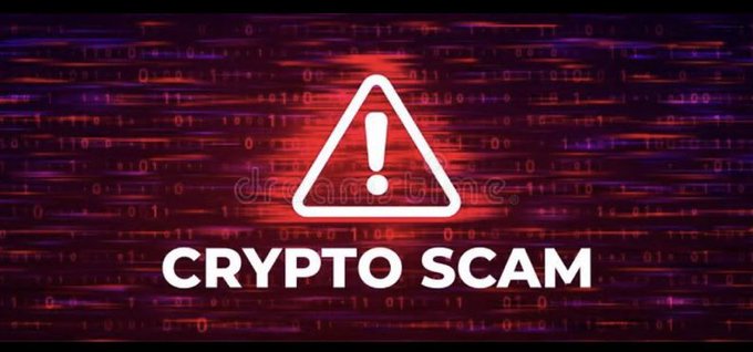 The image features a banner with a red triangle warning sign that says "CRYPTO SCAM" written below it, along with a white exclamation mark. The background of the image is a dark purple color with numerous small lines or dots scattered throughout, creating an abstract pattern. The text and design elements are arranged in a way that they appear to be floating above the viewer's head, giving the impression of being in mid-air.