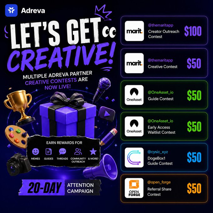 The image displays a colorful advertisement with purple, pink, blue, and yellow colors that features various creative contest logos such as those for @themaritapp, @oneasset_io, and @cysic_xyz. The title of the advertisement reads "Let's Get Creative!", and it promotes an advertising campaign focused on multiple Adobe partner creative contests. The post suggests that participants can gain attention by joining one of these contests or take part in a contest where they will be given $100 to @themaritapp. A special focus on this contest is that there's an Early Access Waitlist for the creative contest @themaritapp.