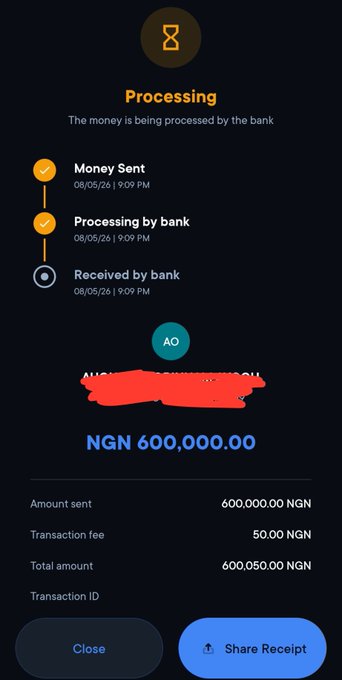 A mobile transaction receipt showing a "Processing" status with steps for "Money Sent," "Processing by bank," and "Received by bank," displaying a transfer of NGN 600,000.00 with a 50.00 NGN fee (Transaction ID: AO), sent from sender "AO" to a redacted recipient—illustrating the smooth, fast on-chain banking experience highlighted in the post about Xend Finance.