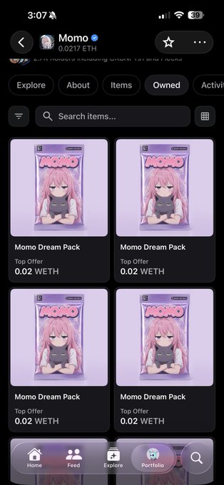 A mobile screenshot of an NFT marketplace showing a collection called 'Momo' with a wallet balance of '0.0217 ETH', displaying multiple 'Momo Dream Pack' items with top offers of '0.02 WETH'.