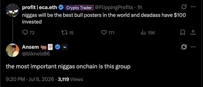 Two X posts from crypto traders @FlippingProfits (Profit) and @blknnoiz06 (Ansem) emphasizing that dedicated on-chain "niggas" will become the best bull posterers with $100 invested and are the most important group in the crypto space, aligning with the caption's point about hardworking people being the lifeblood of the industry.