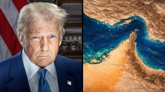 This image is a split screen featuring Donald Trump on the left and an aerial view of a desert coastline on the right, seemingly representing the geopolitical landscape affecting the BTC market.