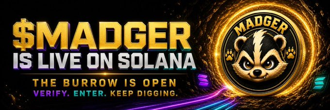 A promotional banner reading '$MADGER IS LIVE ON SOLANA' with the tagline 'THE BURROW IS OPEN - VERIFY. ENTER. KEEP DIGGING.' alongside a logo of a cartoon badger character.