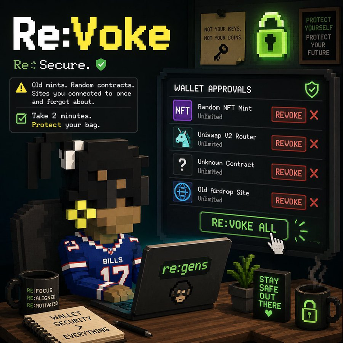 A pixel art illustration themed around 'Re:Voke' showing a figure at a laptop with cryptocurrency wallet approval revocations and security messaging like 'STAY SAFE OUT THERE'.