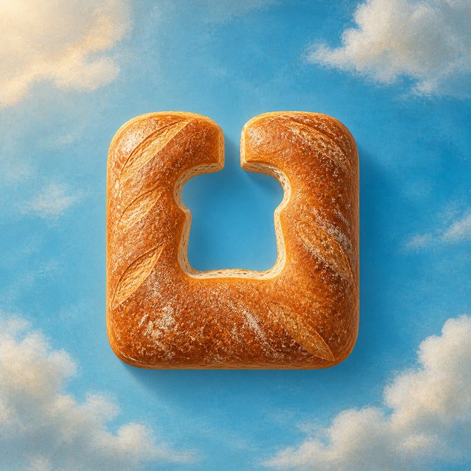 A surreal image of a golden-brown loaf of bread shaped like the letter 'H' floating against a backdrop of blue sky and white clouds.