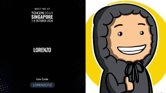 A promotional graphic for TOKEN2049 Singapore (7-8 October 2026) featuring a cartoon character named "LORENZO" wearing a hood, with a discount code "LORENZ10".