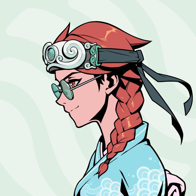 A profile illustration of a red-haired anime character with a long braid, wearing ornate goggles on their forehead and round sunglasses, dressed in a light blue patterned robe. The image complements the post's message about resilience and grinding in the NFT/crypto space, symbolizing the steadfast determination to keep working hard despite market challenges.