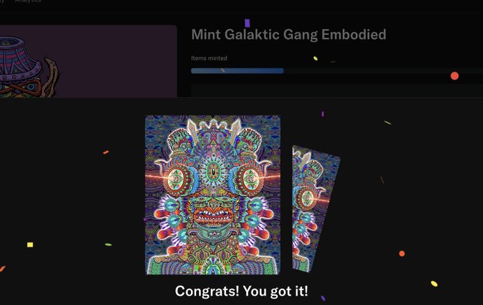 A "Congrats! You got it!" message appears below a vibrant pixel-art NFT of a creature with a pink bow, tied to the Galaktic Gang NFT mint the poster just secured through their subscription.