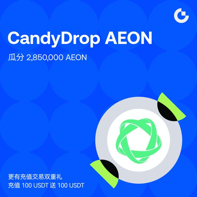A promotional graphic for 'CandyDrop AEON' showing 2,850,000 AEON tokens, with Chinese text offering a 100 USDT bonus for 100 USDT deposits.