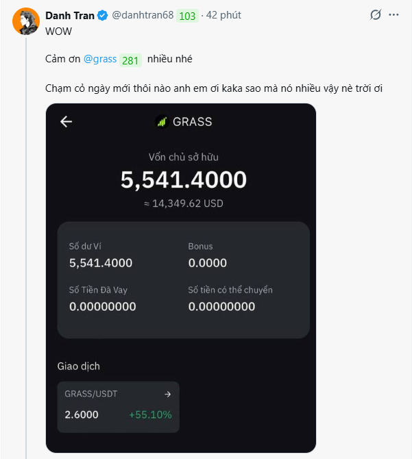 The image shows a screenshot of a crypto wallet displaying a GRASS token balance of 5,541.4000 (≈ $14,349.62 USD), with a recent GRASS/USDT trade showing a +55.10% gain. The accompanying post celebrates the user's impressive $14k GRASS earnings while questioning why other traders are only seeing much smaller returns.