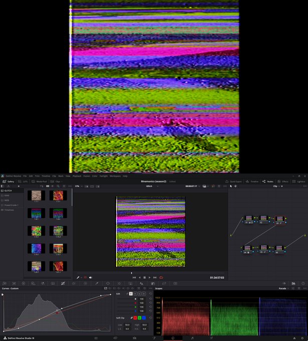A screenshot of DaVinci Resolve Studio showing colorful glitchy video footage with heavy horizontal color banding and distortion.