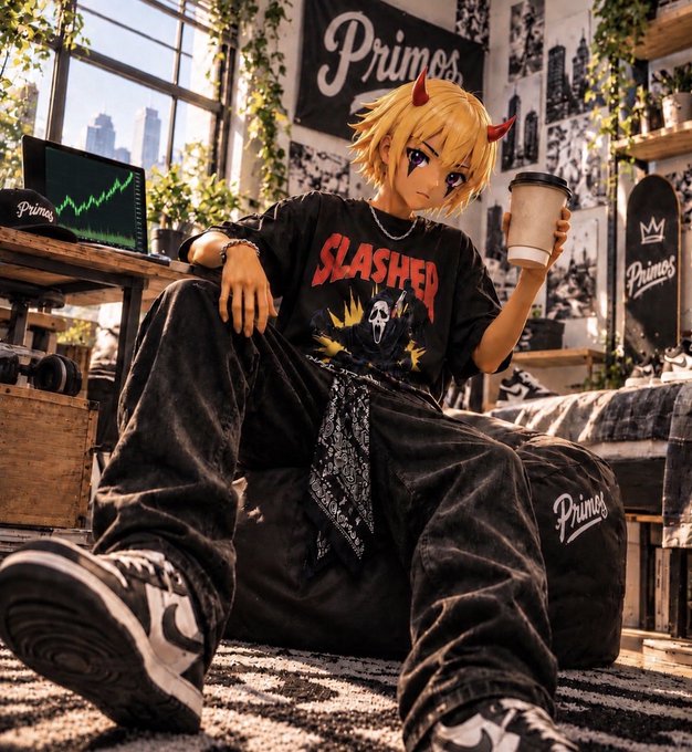 An anime-style character with blonde hair, red horns, and a 'SLASHER' t-shirt sits in a room decorated with 'Primes' branding, holding a coffee cup.