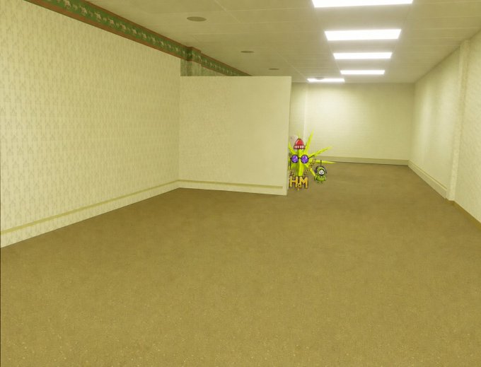 A screenshot from a video game showing an empty room with beige carpet, patterned wallpaper, and cartoonish characters peeking out from behind a wall.