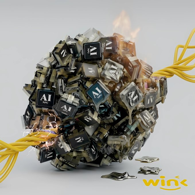 The image shows a chaotic, molten mass of AI NPU microchips with "AI" labels, engulfed in flames and dripping metallic sludge, with yellow cables plugged in—visually representing AI's overheated dysfunction when fed poor data. The "wink" logo appears in the corner, aligning with the post's satirical message that AI cannot magically "fix everything" if the underlying data is flawed.