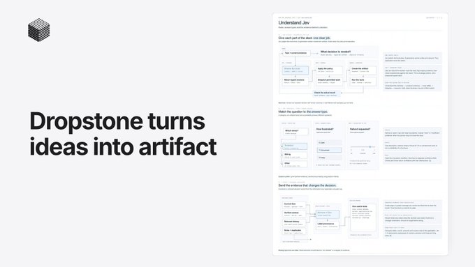 A presentation slide titled 'Dropstone turns ideas into artifact' featuring the Dropstone logo and showing an 'Understand Jov' diagram that breaks down how core concepts and external tasks are matched and changes are sent for review.