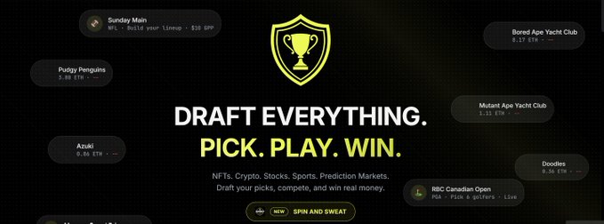 A promotional banner reads 'DRAFT EVERYTHING. PICK. PLAY. WIN.' with 'SPIN AND SWEAT' below a trophy shield logo, surrounded by sample NFT items including 'Sunday Main', 'Fudgy Penguins', 'Azuki', 'Mutant Ape Yacht Club', and 'Bored Ape Yacht Club'.