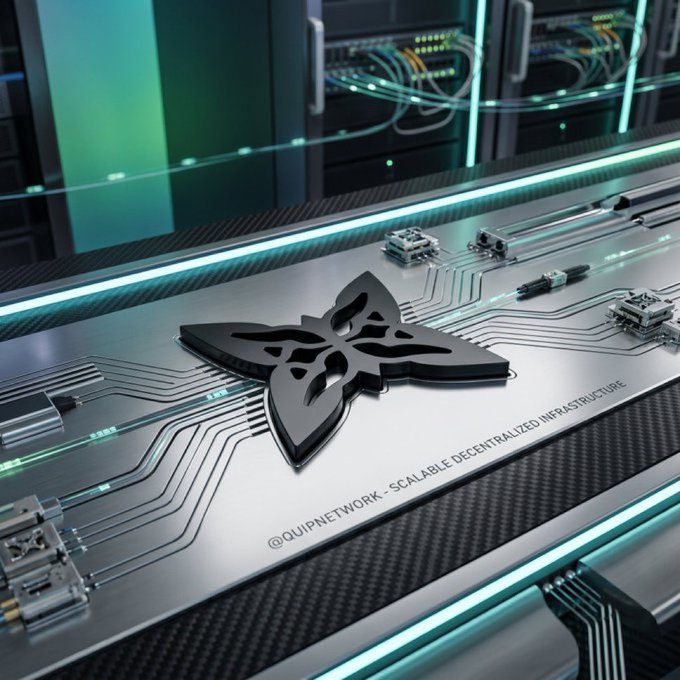 A futuristic 3D render of a metallic circuit board featuring a dark geometric emblem with "@QUIPNETWORK - SCALABLE DECENTRALIZED INFRASTRUCTURE" text, set in a server room environment.