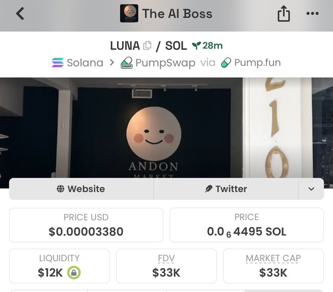 Screenshot of a PumpSwap token page for "LUNA/SOL" on Solana via Pump.fun, showing a USD price of $0.00003380, a price of 0.0004495 SOL, and a market cap/FDV of $33K with $12K liquidity, matching the token contract address "F7STLGPBpf5T9eeyndpntk9Qvc5GyGn9cAGjfkSqpump" referenced in the post.