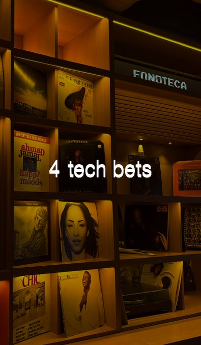 A photograph of wooden shelves filled with vinyl records, featuring visible text overlays 'FONOTECA' and '4 tech bets' across the center of the image.
