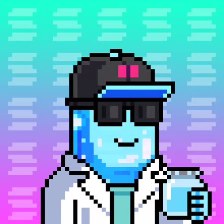 A pixel art character with blue skin, wearing a black cap, sunglasses, and white jacket, stands against a cyan and pink gradient background.