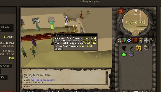 A RuneScape game screenshot shows a player interacting with a Pointfarmcap NPC, with dialogue options and a chat box reading 'Welcome to the Duel Arena.'