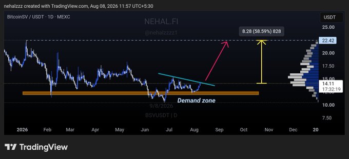 A TradingView chart of BSV/USD on MEXC shows the price consolidating below a descending trendline near $15 within a highlighted demand zone around $12–13, with an annotated projected move to $22.42 (+58.59%) upon breakout, visually reinforcing the post's bullish setup targeting $22.4 from a $15 break.