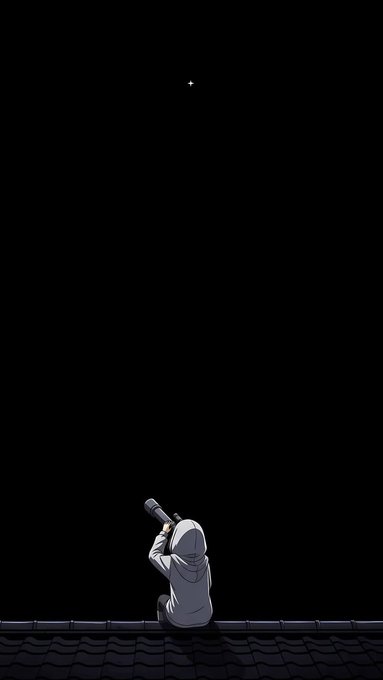 Minimalist digital illustration of a hooded figure sitting on a tiled rooftop at night, looking up at a single bright star in a vast black sky.
