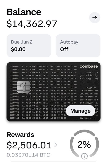 The image features a phone screen displaying various app settings, including "Balance", "AutoPay", and a black credit/ debit card with several codes printed across it. In the corner of the screen, there's a chart showing that the user has spent over ten k on their coin base one card, which is being rewarded them two points. The post in question also mentions that this reward came from spending over eleven k on their coin base one card during the month.