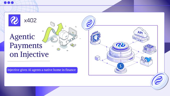 A promotional graphic for 'x402' titled 'Agentic Payments on Injective' with the tagline 'Injective gives AI agents a native home in finance,' showing an illustrated diagram of a network.