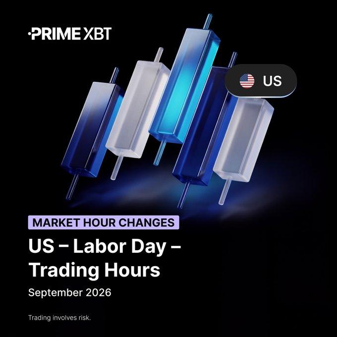 A PrimeXBT promotional graphic announcing 'MARKET HOUR CHANGES' for 'US – Labor Day – Trading Hours' in 'September 2026'.