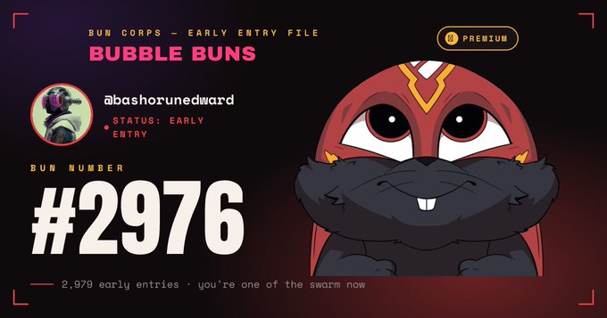 A "Bubble Buns" early entry file card for user @bashorunedward shows them securing entry #2,976 out of 2,979 early entries, with a cute red-hooded bunny mascot. The image serves as proof of successful whitelist registration for the @BubbleBunsHQ project on Avax, following the steps outlined in the tutorial post.