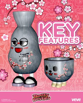 A VeVe digital collectibles advertisement featuring 'Frooty Besties' cherry blossom-themed character designs, highlighting key features of a Japanese sake bottle and cup duo with cute faces.