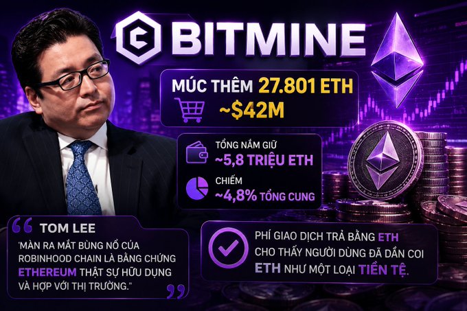 A Vietnamese-language crypto infographic titled 'BITMINE' featuring Tom Lee, showing 27,801 ETH (~$42M) added, total holdings of ~5.8 million ETH representing ~4.8% of total supply.