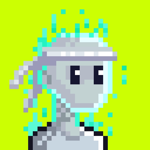 A pixel art illustration of a small gray character with a headband, surrounded by cyan glowing pixels against a bright green background.