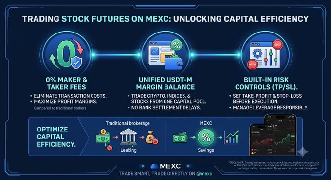 The image is a promotional infographic for MEXC titled "TRADING STOCK FUTURES ON MEXC: UNLOCKING CAPITAL EFFICIENCY," highlighting three key features: 0% Maker & Taker Fees to eliminate transaction costs, a Unified USDT-M Margin Balance allowing trading of crypto, indices, and stocks from one capital pool, and Built-in Risk Controls (TP/SL) for take-profit and stop-loss management. The bottom section visually contrasts "Traditional brokerage" (showing money leaking through fees) with "MEXC" (showing savings retained through the 0% fee model), reinforcing the post's message that MEXC's crypto-native, zero-fee approach revolutionizes stock trading by eliminating hidden costs like spread markups and overnight fees that plague traditional brokers.