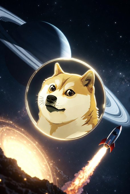 A digital illustration of a Doge (Shiba Inu) head inside a glowing circular emblem, set against a space background with a ringed planet, a rocket launching, and a fiery planet below.