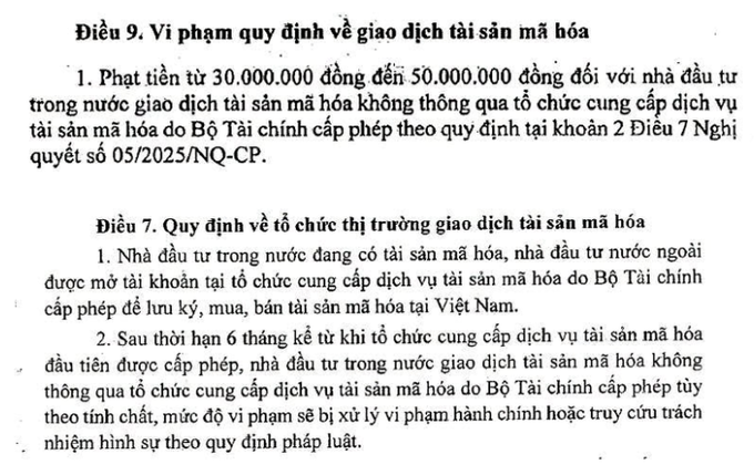 Vietnamese legal document text covering Article 9 regarding violations of cryptocurrency asset trading regulations, with fines from 30,000,000 to 50,000,000 dong for domestic investors trading crypto without licensed service providers, referencing Decree 05/2025/NQ-CP.