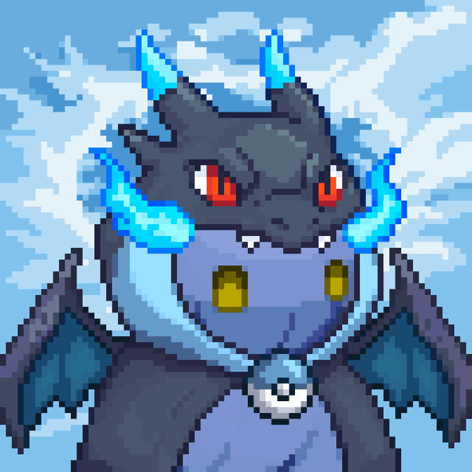 This pixel art image depicts a dark, bat-like creature with glowing red eyes, blue flame accents on its ears and cheeks, and a Pokéball around its neck, set against a cloudy blue sky. The character resembles a gothic, shadow-themed Pokémon (similar to a dark Luxray or custom design), likely serving as a mascot for the "Hollows" NFT project mentioned in the tweet about its delayed launch.